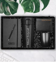 Kişiye Özel Çelik Kilitli Termos & Kişiye Özel Defter & Touch Pen Kalem & Siyah Kupa & Cüzdan Hediye Seti