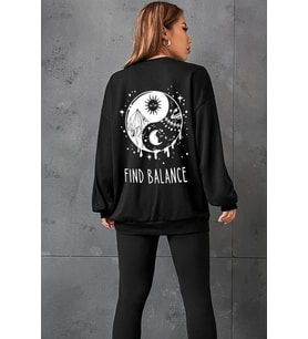 Unisex Yin & Yang Bisiklet Yaka Sweatshirt (Siyah)