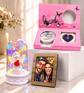Kişiye Özel Fotoğraflı Renkli Led Işıklı Fanus & İstiridye İnci Kolye Hediye Seti (Model 3)