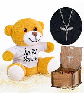 Pababo Tişörtlü Pelüş Ayıcık ve Zirkon Taşlı Kolye (Model 1)
