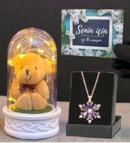 Gerçek Ametist Taşlı Lotus Kolye ve Led Işıklı Tasarım Fanus Hediye Seti (Model 6)