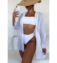 Angelsin Şifon Gömlek Plaj Elbisesi Pareo Kimono Kaftan (Beyaz)
