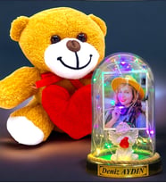 Kişiye Özel Renkli Led Işıklı Fanus ve Kalpli Peluş Ayıcık Hediye Seti (Model 4)