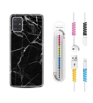 Samsung a71 A72 A73 A7 A9 2018 C7 C9 Kılıf Kablo Koruma Spiral Silikon Fragile Black Mermer 1378