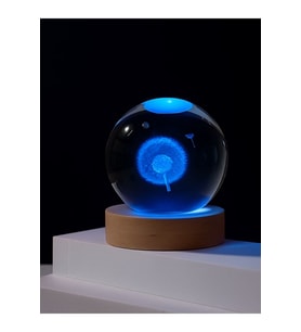 Ledli USB'li Ahşap Standlı Karahindiba Temalı Kristal Küre Renkli RGB LED 3D Oda Masa Gece Lambası (Çok Renkli)