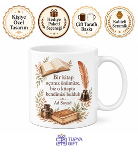 İsimli Öğretmenler Günü Hediye Kitap Desenli Özel Tasarım Porselen Kupa Bardak