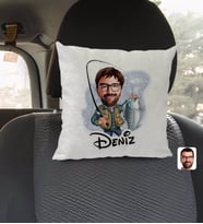 BK Gift Kişiye Özel İsimli Erkek Balıkçı Karikatürlü Kare Araç Koltuk Yastığı-1