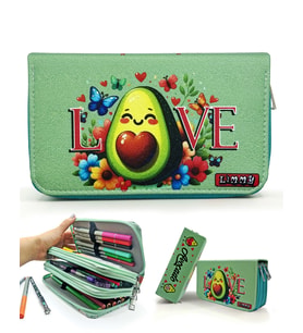 Kalem Kutusu Avakado Love Kawai Organizer Kalemkutu Vegan Deri Üç Bölmeli Kalemlik -Yeşil