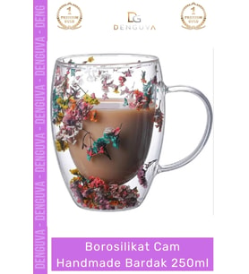 #BorosilikatBardak Çift Camlı Kurutulmuş Çiçekli Borosilikat Isıya Dayanıklı Cam Handmade Kulplu Bar