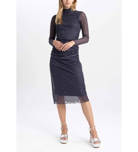 Straight Fit Yarım Balıkçı Yaka Puantiye Desenli Midi Uzun Kollu Elbise-200