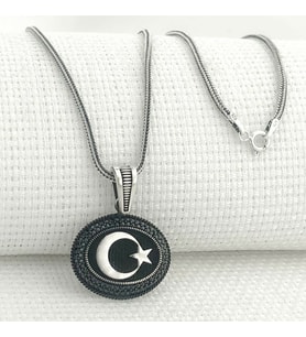 925 Ayar Gümüş Siyah Taşlı Ayyıldız Erkek Kolye