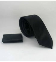 Siyah Slim Fit (ince) Düz Renk Mendilli Saten Kravat - SS-01 (Renksiz)