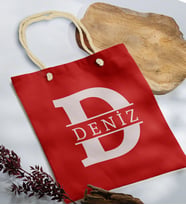 BK Gift Kişiye Özel Harfli Kırmızı Halat Saplı Kumaş Bez Çanta-1, Baskılı Omuz Çantası, Alışveriş Çantası