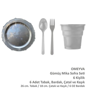 Omeyva 26 Cm. Mika Plastik Gümüş Sorfa Piknik Seti - 6 Kişilik Tabak Bardak Çatal Kaşık Takımı