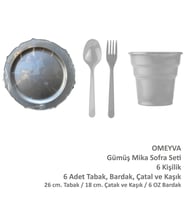 Omeyva 26 Cm. Mika Plastik Gümüş Sorfa Piknik Seti - 6 Kişilik Tabak Bardak Çatal Kaşık Takımı