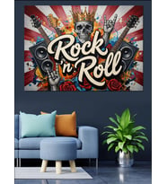 Rock And Roll Pop Art Afişi Kral Taçlı Kurukafa Ve Gitar Temalı Dekoratif Kanvas - Mdf Ahşap Tablo