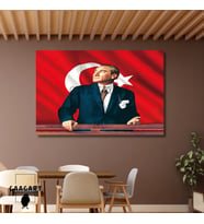 Tekli Yatay Kanvas Duvar Tablosu Türk Bayrağı ve Göğe Bakan Atatürk