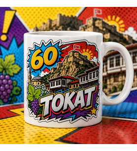 60 Tokat Pop Art Tasarımlı Baskılı Kupa, Tokat Kalesi Tarihi Evler ve Renkli Şehir Temalı Memleket Hediyesi