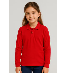 Kırmızı Okul T-Shirt , Uzun Kollu Polo Yaka Kız Erkek Çocuk Unisex Okul Tişörtü