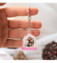 Annelere Özel Pembe Renkli Fotoğraflı Mini Kar Küresi Anahtarlık