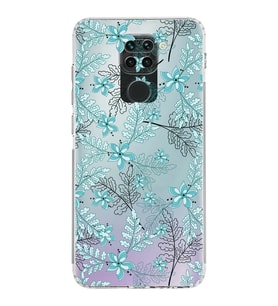 Xiaomi Redmi Note 9  Kamera Korumalı Kapak Floral Su Yeşili Tasarımlı Şeffaf  Kılıf