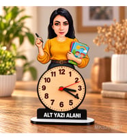 Kadın Öğretmen Temalı Kişiye Özel Karikatürlü 18 cm MDF Dikey Masa Saati - Öğretmen Hediyesi Öğretmenler Günü Hediyesi Okul