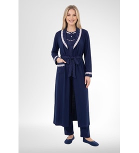 Mecit 6391 Lacivert Kadın Büyük Beden Uzun Sabahlık Pijama Takımı