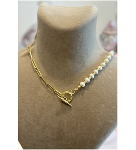 14 K Gold Kaplama 925 Ayar Gümüş T Kilit Doğal İnci Kolye