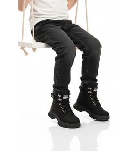 Ayakmod Bej İçi Polarlı Kaymaz Taban Unisex Çocuk Bot 24035 F (Akçaağaç-Siyah Rengi)