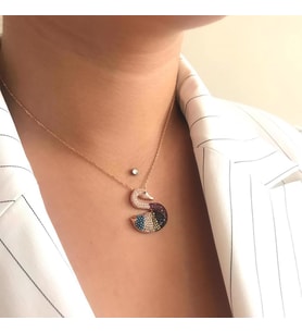 Rose Kaplama Renkli Taşlı Kuğu Gümüş Kolye (Karışık)