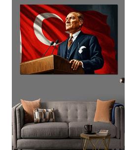 Türk Bayrağı Önünde Atatürk Portresi Dekoratif Kanvas - Mdf Ahşap Tablo