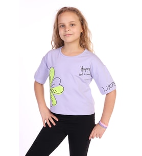 Toontoy Kız Çocuk Yazılı Çiçek Baskılı Tişört (Açık Lila)