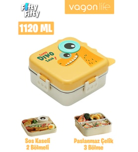 Vagonlife Lunch Box 1120 ML (Sızdırmaz,Karışmaz Üç Bölmeli) Sos Kaseli Yeni Nesil Sefer Tası-FFLBOX10082 (Sarı)
