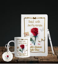 Sevgililer Gününe Özel Defter Kalem Kupa & Süblimasyon Anahtarlık Hediye Seti 15