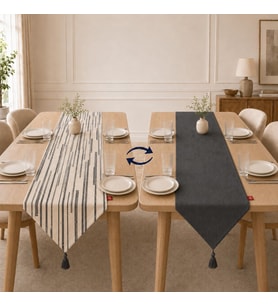 Tek Runner İki Farklı Yüz, Çift Taraflı Kullanım 45 x 150 cm, Desenli ve Düz İki Yüzlü Runner, Püsküllü Dekoratif Masa Örtüsü (Gri Lacivert Krem Çizgili desenli)