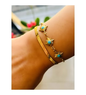 İTALYAN ZİNCİRLİ, İKİLİ, MAVİ MİNELİ ÇELİK BİLEKLİK 17+6 CM-GOLD ACR5159