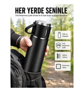 Mey İthalat® Termos Seti 3'lü Bardak Seti Isı Dayanıklı Siyah Paslanmaz Çelik Vakumlu