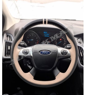 Ford Grand C-Max Dikme Direksiyon Kılıfı Parlak Siyah Bej Detaylı Bej Çift Yüzük ve Dikiş 2010-2019