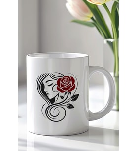 Gül ve Kadın Tasarımlı 330ml Baskılı Beyaz Seramik Kupa Bardak