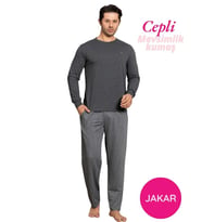 Guava Erkek Düğmesiz Çizgili Jakar Kumaş Mevsimlik Kol Manşetli Uzun Kol Cepli Pijama Takımı (Antrasit)