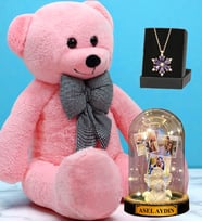 Büyük Boy Pembe Peluş Ayıcık, Kişiye Özel Fanus ve Gerçek Ametist Taşlı Lotus Kolye - Premium Set (Model 2)