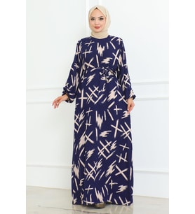 Beli Kuşaklı Fırça Desenli Elbise İndigo 4335