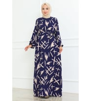 Beli Kuşaklı Fırça Desenli Elbise İndigo 4335