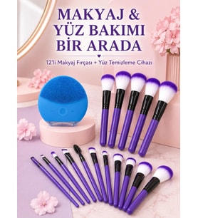 Makyaj Ve Yüz Bakım Seti 12 li Mor Makyaj Fırçası Silikon Yüz Temizleme Ve Cilt Bakım Cihazı