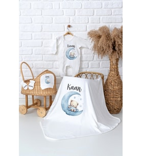 Pia Baby Premium  %100 Pamuk İsme Özel Erkek Bebek Hastane Çıkışı Tulumlu Bebek Hediye Seti 5071-05 (Ekru)