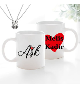 Kişiye Özel İsimli Kupa Bardak ve Mıknatıslı Çift Kolyesi Seti - Sevgiliye Hediye