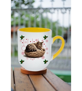 Yeni Yıl Uykucu Kedi Baskılı İçi Sarı Lüx Kupa Bardak Porselen Çay Kahve Fincanı