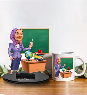 Kişiye Özel Kadın Öğretmen Tasarımlı Karikatür Biblo Ve Kupa Hediye Seti 207