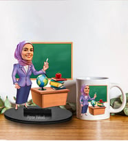 Kişiye Özel Kadın Öğretmen Tasarımlı Karikatür Biblo Ve Kupa Hediye Seti 207