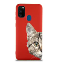 Samsung Galaxy M21 Uyumlu Lansman Kılıf Catface Tasarımlı İçi Kadife Kapak-Kırmızı (Şeffaf)